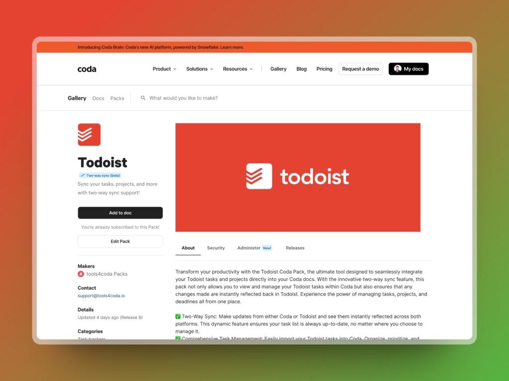 Eines meiner Coda Packs: Todoist