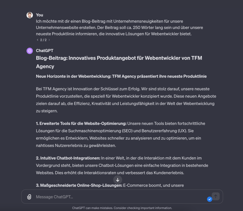 Beispiel-Chat mit ChatGPT zur Erstellung eines Blog Beitrags für Unternehmensneuigkeiten.